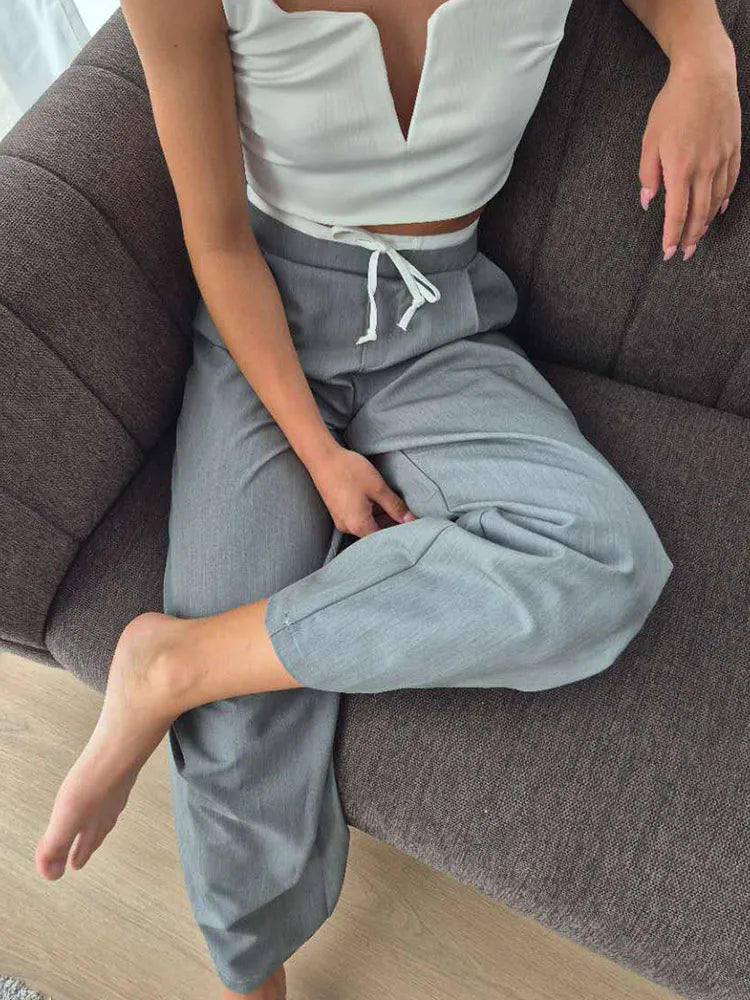 Wide Leg Pants For Women Straight Autumn Coffee Tie Up Casual Trousers Women Gray Loose Pants Ladies Black Trousers Office