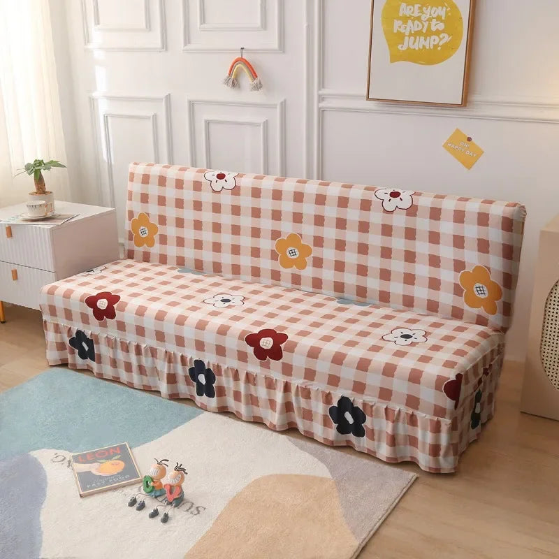 1/2/3Seater Sofa Bed Cover with Skirt Elastic Printing Seat Cover Armless Sofa Bed Cover Sofa Covers for Living Room Home Decor