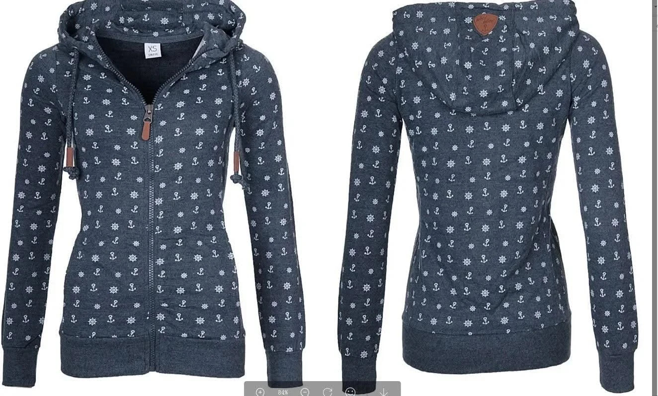 NEW Women Hooded Fleeces Oversize Sea Anchor Print Zipper coat Jumper Casual Sweatshirt Tops Autumn long sleeve hooded sw