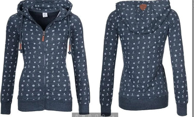 NEW Women Hooded Fleeces Oversize Sea Anchor Print Zipper coat Jumper Casual Sweatshirt Tops Autumn long sleeve hooded sw