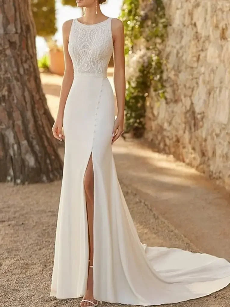 Mermaid Sleeveless Wedding Dresses for Women Sexy Side Slit Round Neck Bridal Gowns Vestidos Elegantes Para Mujer Robe De Mariée
