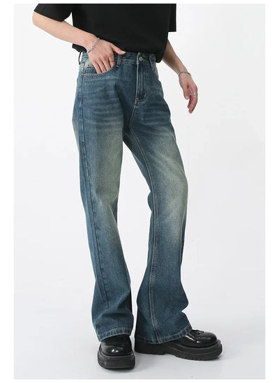 Jeans Denim Pants Men Long Flare Pant Straight Trousers High Waist Casual Regular Pockets Slim Fit Splice Simple Autumn 2024