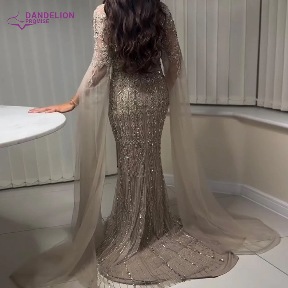 Luxury Dubai Caramel Mermaid Arabic Evening Dresses 2025 with Cape Sleeves Beaded for Women Wedding Party