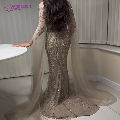 Luxury Dubai Caramel Mermaid Arabic Evening Dresses 2025 with Cape Sleeves Beaded for Women Wedding Party