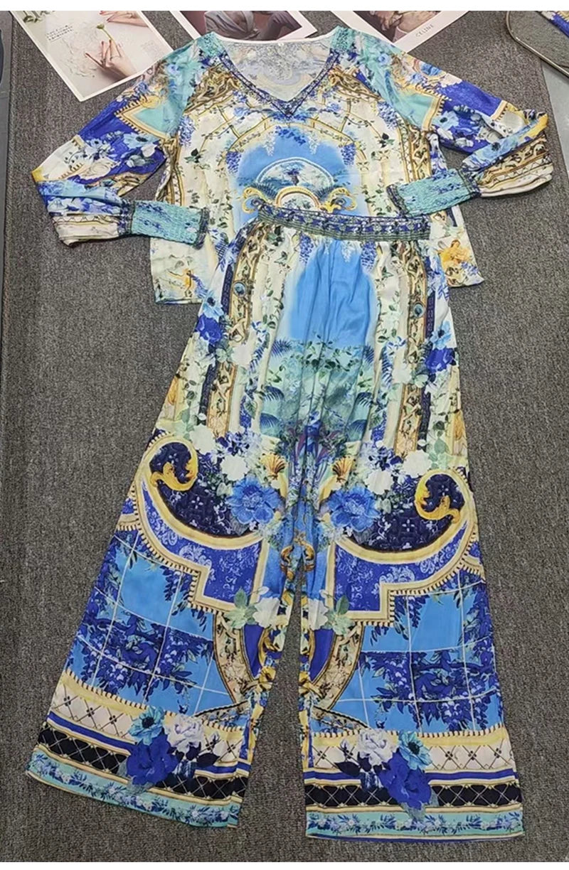 Retro women's V-neck beaded print long-sleeved Joker coat Spring and Autumn new two-piece suit+high-waist wide-leg trousers suit