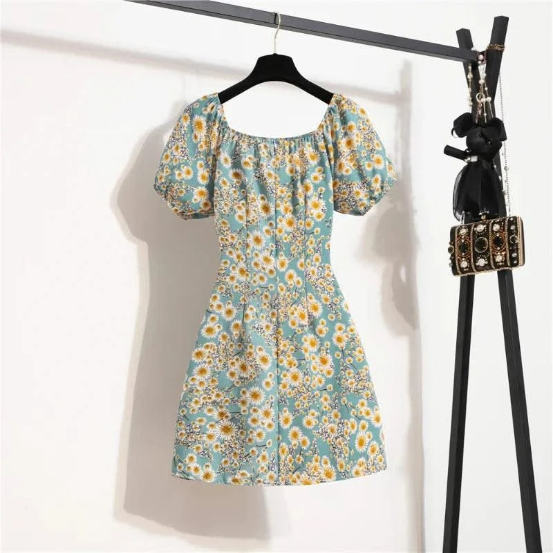 Women Mini Printed Floral Chiffon Shirring Pleated Short Puffy Sleeve Casual Dresses Summer Fashion
