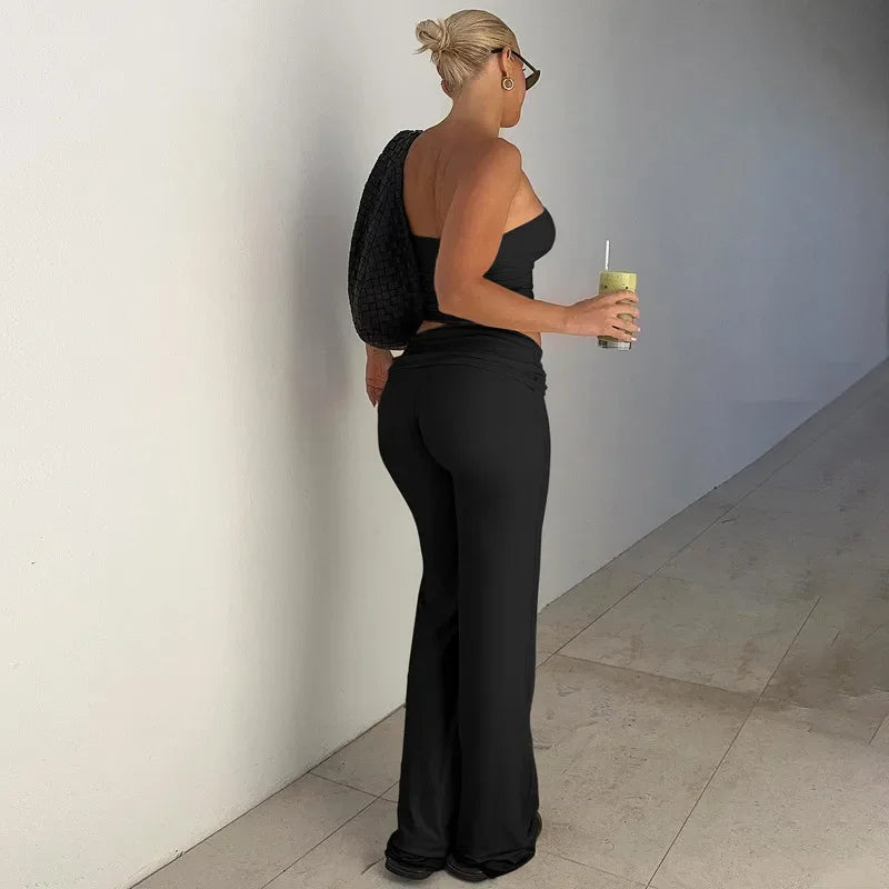 Women's Clothing 2025 Spring Fashion New Item Solid Color Strapless Top Flared Pants Fashionable Slim Fit Sports Suit for Women