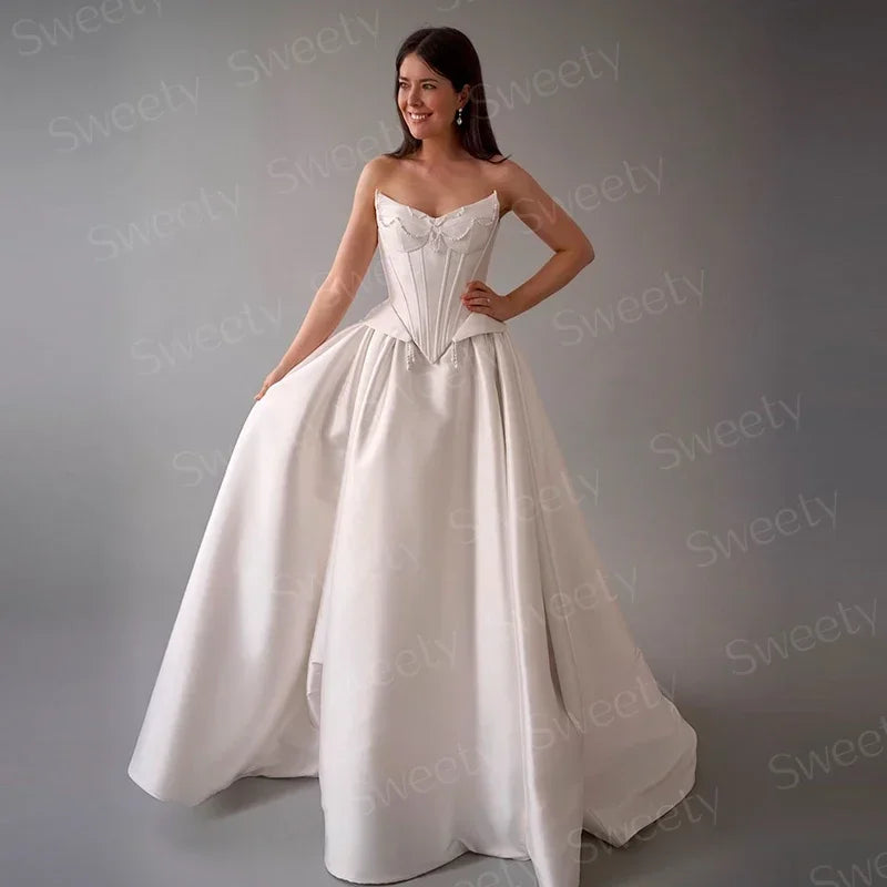 Charming Wedding Dress Satin Taffeta With Pearls A-Line Floor Ball Gown Princess Strapless Lace Up Customized Vestido De Novia