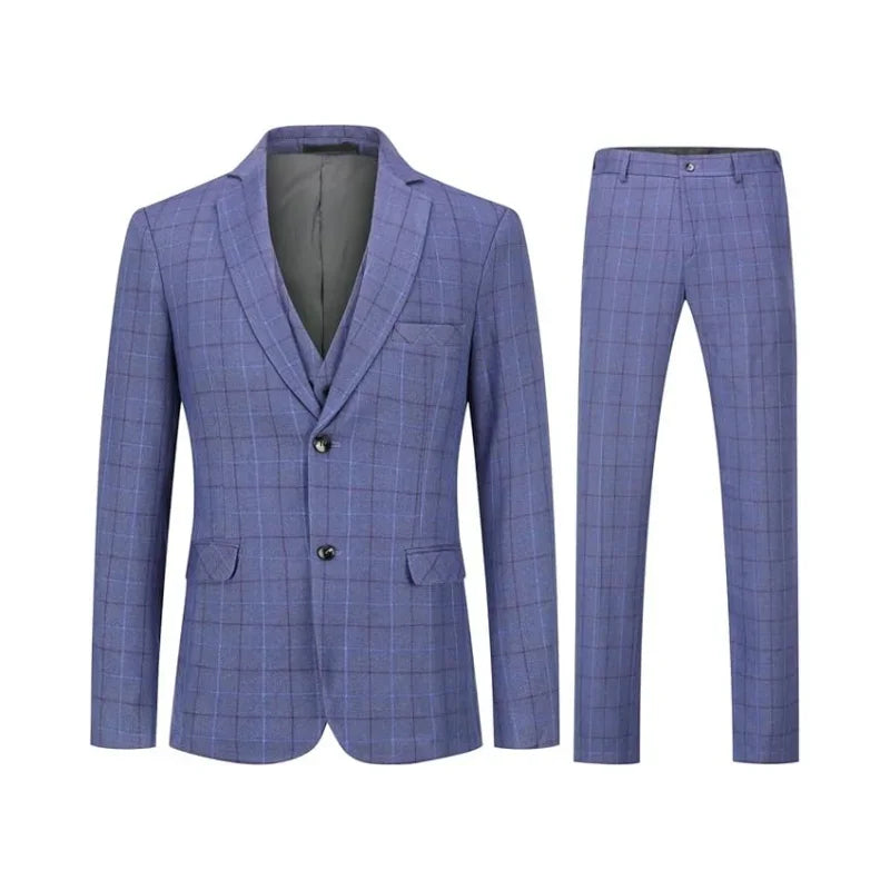  Men's Suit Checked Men's Suit Slim Fit 3-Piece Suits for Business Wedding