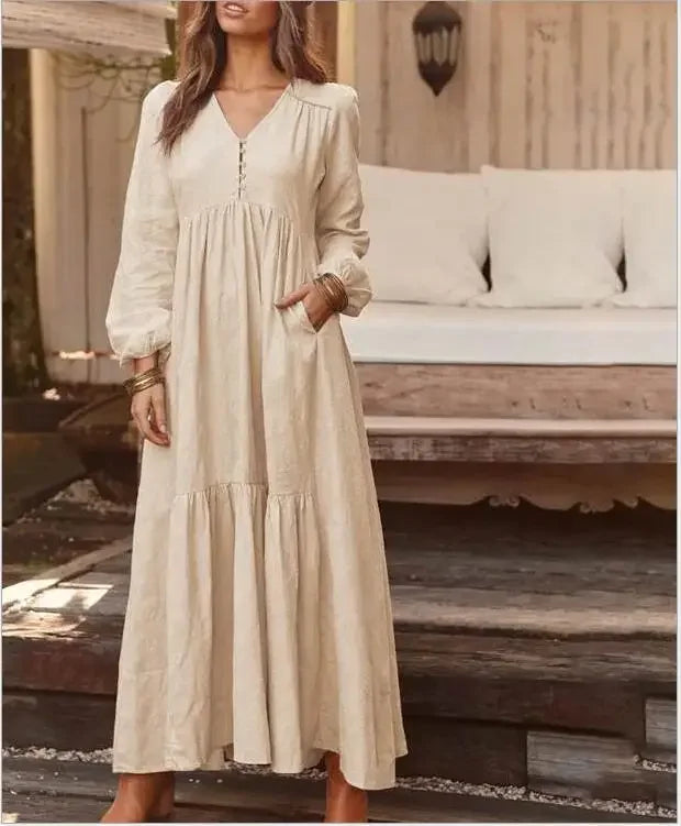 Women's Dress 2025 Spring and Summer Women's Button Cotton and Linen Retro Casual Long Sleeve Dress Large Hem Long Skirt