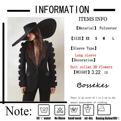 Elegant Women's Black Blazer Suit with 3D Floral Sleeve Embellishments Satin Lapel Slim Fit Two-Piece Set for Formal Party Wear