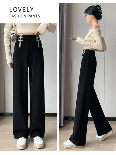 Women's Wide-leg Pants Autumn Winter Trousers New Chinese Style Folding High Waist Drooping Casual