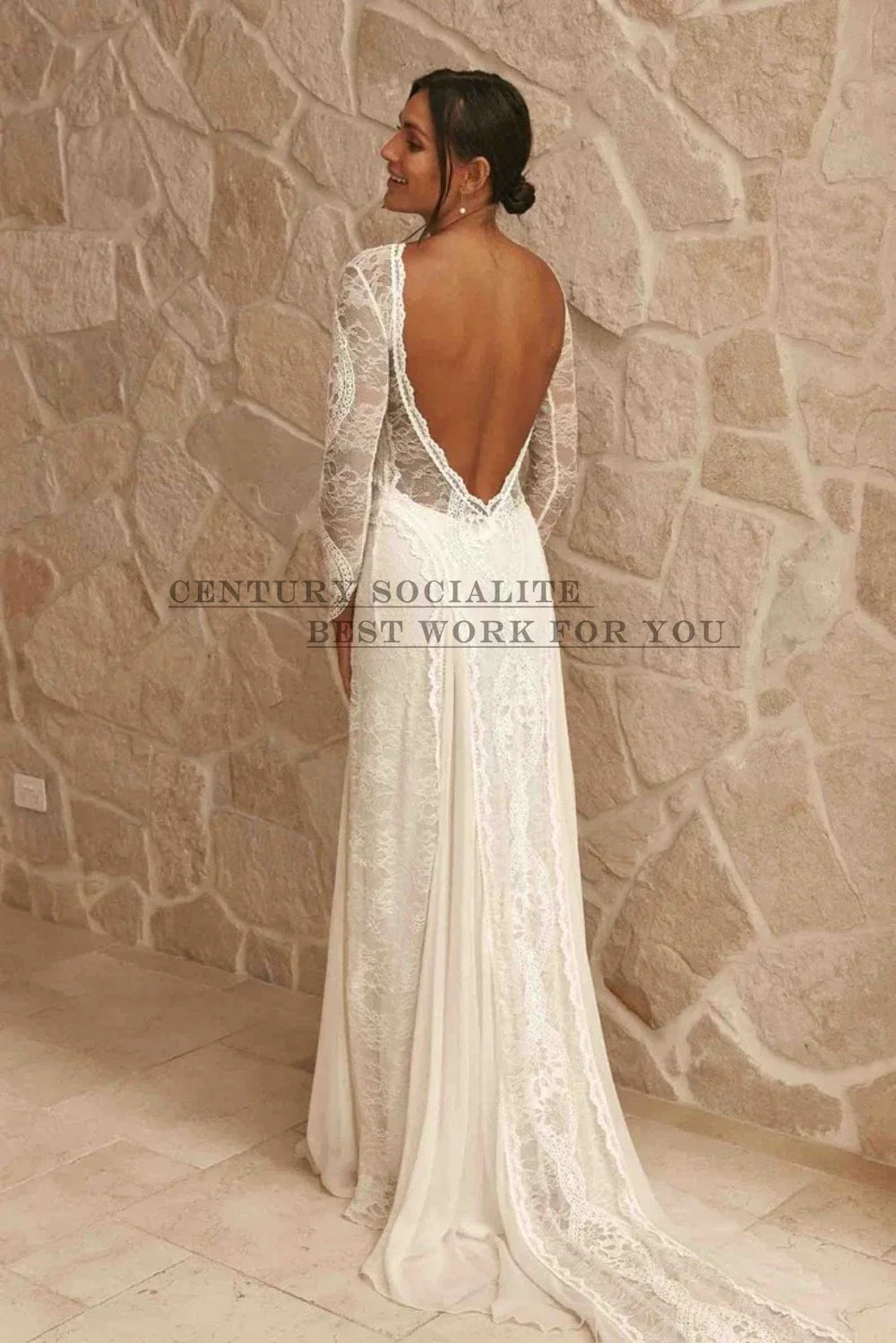 Boho Wedding Dresses 2025 Long Sleeve Backless Lace Appliques Chiffon Sheath Bohemian Bridal Gowns Beach Bride Dress Customized