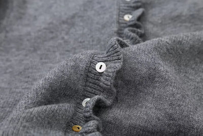 Women Ruffle Gray Knitted Cardigan Outerwears New Autumn Women Long Sleeve Sweater Elegant Button-Down Cardigan