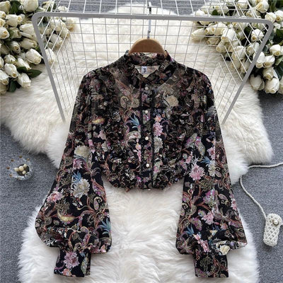 Women Ruffles Lace Floral Print Retro Elegant Button Shirts Summer Fashion Sweet Chic Stand Collar Long Sleeve Blouse Loose Tops
