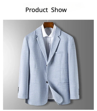 Spring Autumn Men's Blazer Luxury Plaid Jacquard Casual Suit Jacket Gray Blue Beige Loose Male Coat Costume Homme