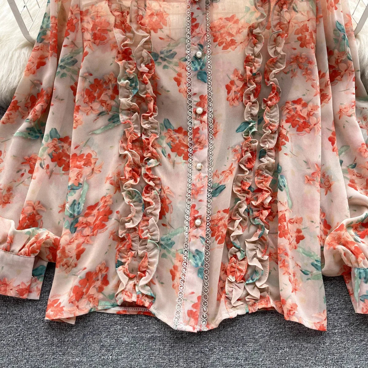 Women Ruffles Lace Floral Print Retro Elegant Button Shirts Summer Fashion Sweet Chic Stand Collar Long Sleeve Blouse Loose Tops