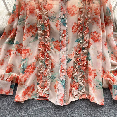 Women Ruffles Lace Floral Print Retro Elegant Button Shirts Summer Fashion Sweet Chic Stand Collar Long Sleeve Blouse Loose Tops