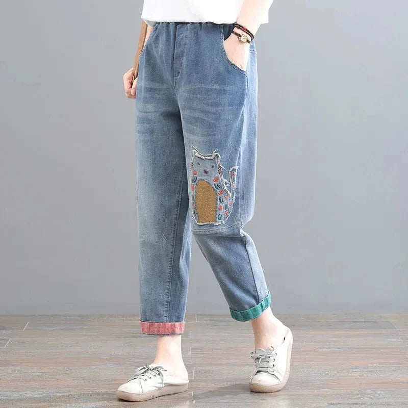 High waisted Jeans for women 2025 Spring Autumn New Korean version Loose Embroidered patch fabric Nine point Harem Pants Female
