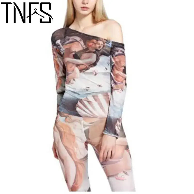 Yuerwang Women T Shirts tee tops Mesh top mesh shirts Print long sleeve 2022 Vintage Spring Summer Women T shirts designer