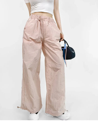 Women's Wide-Leg Joggers Adjustable Ankle Cuffs Side Stripes Drawstring Waist Lightweight Streetwear