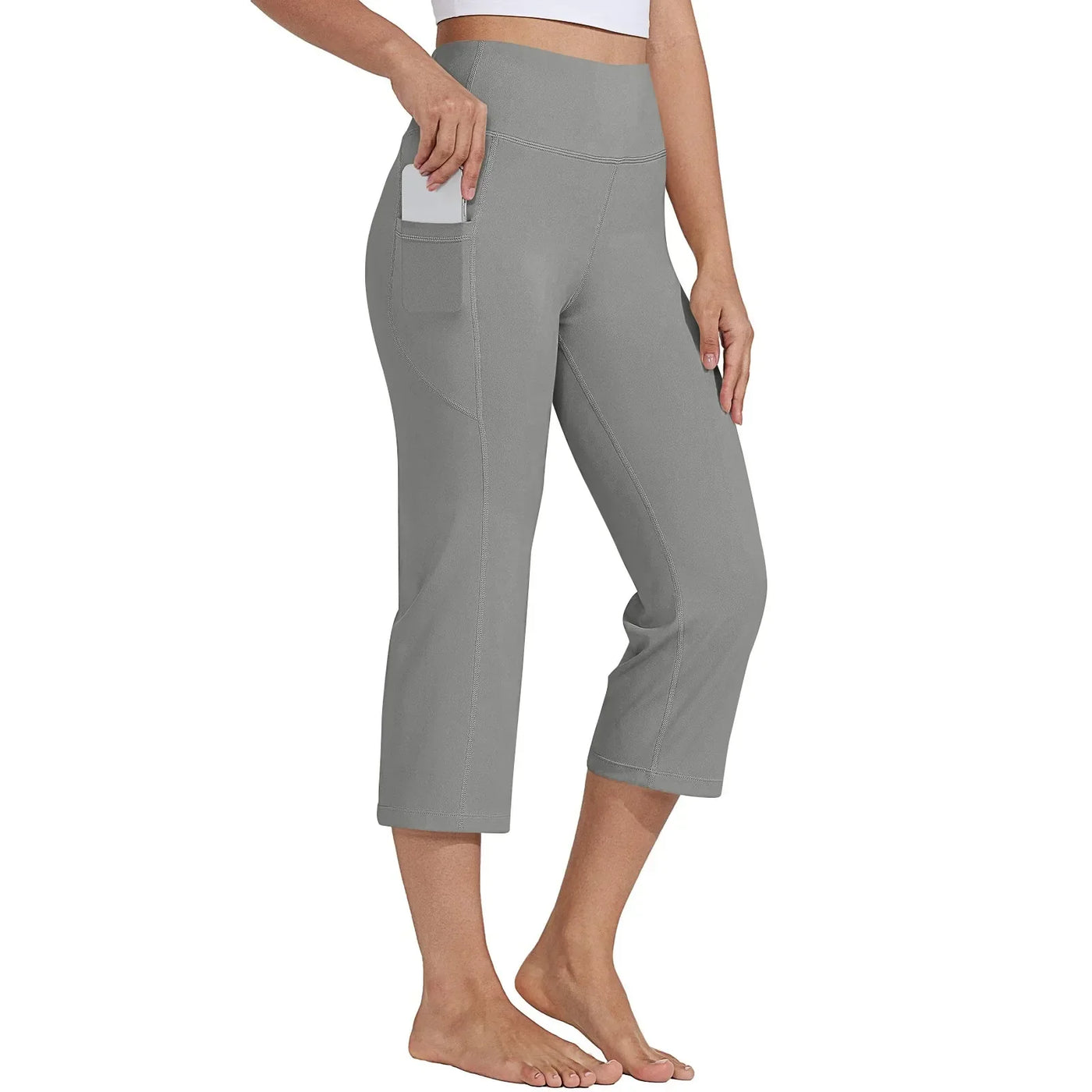 Women  Elastic High Waist 3/4 Pant Casual Active  Fit Wide Capris Leg Pants Trousers With Pockets Pants Woman брюки женские