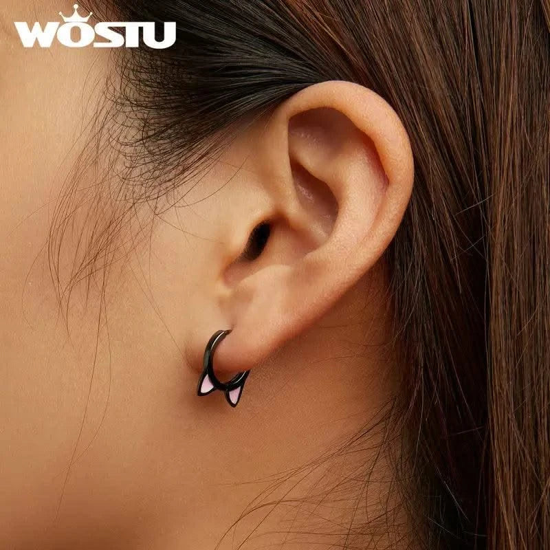 WOSTU Real 925 Sterling Silver Cat Ear Hoop Earrings For Women Lovely Pink Cute Pet Paw Studs Clips Girl Unique Jewelry Gift