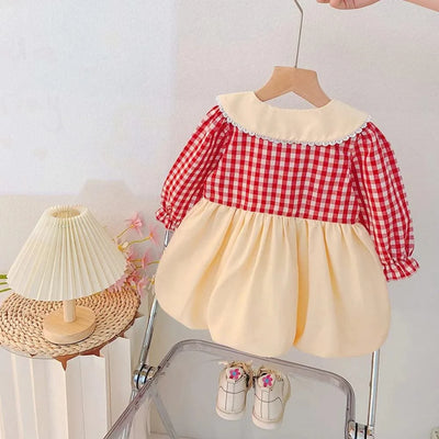 Rabbit Embroidery Cherry Lace Checkered  Peter Pan Collar Dress For Toddler |Girl  1-4Y Infant Girl Princess Dress|New Arrival