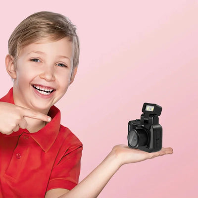 Mini cameras with high-definition displays, retro cameras with flashes and battery stands, digital cameras, and small cameras