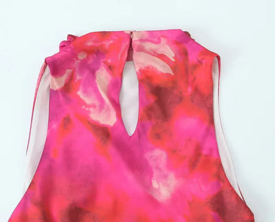 Women Printed Satin Midi Dress Spring Caual Women Back Button Sleeveless Dress Elegant Silk texture Female Chic Dress