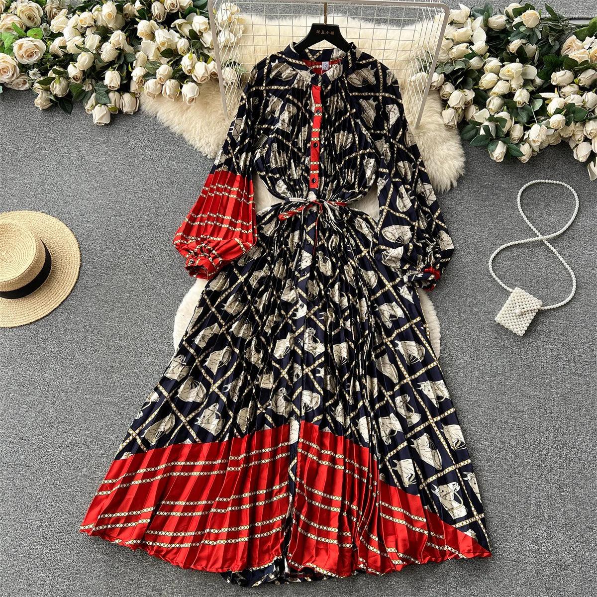 Retro Print Elegant Pleated Lantern Long Sleeve O Neck Single Breasted Dress A-line  Casual High Waist Women Summer Dresses