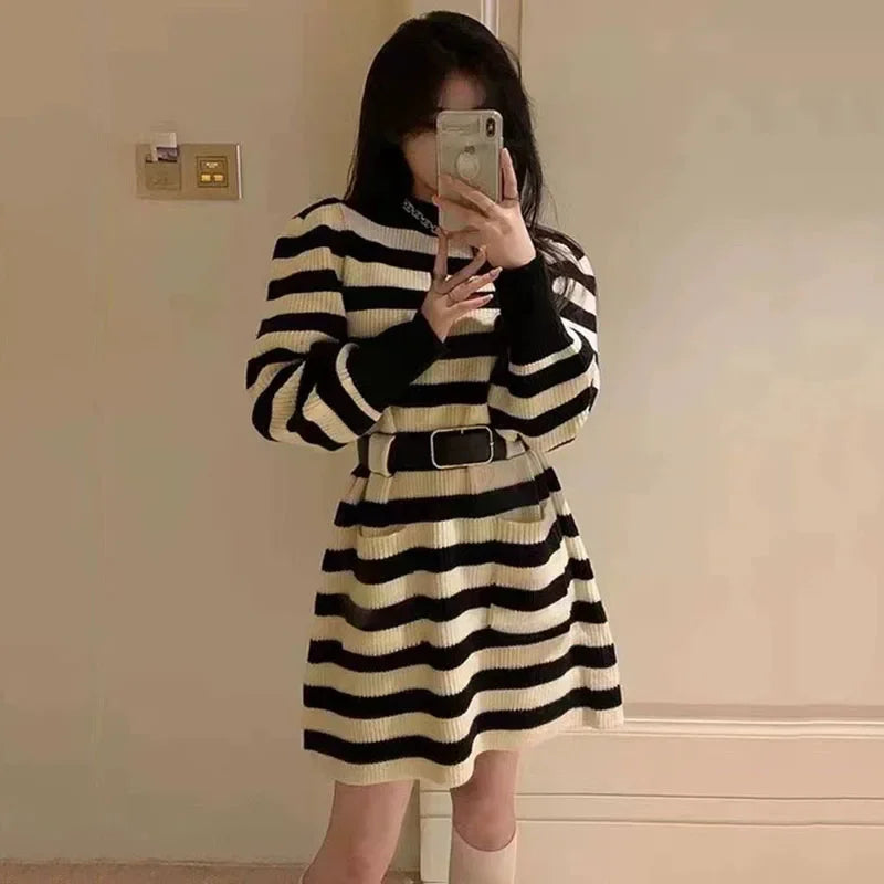 Korean Fashion with Belt Short Dress Women Vintage Long Sleeve Knitted Dresses Female 2025 New Loose Pocket Solid Basic Dresses