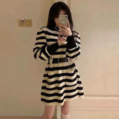 Korean Fashion with Belt Short Dress Women Vintage Long Sleeve Knitted Dresses Female 2025 New Loose Pocket Solid Basic Dresses