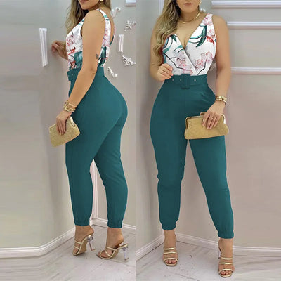 Summer Women Jumpsuits Elegant Office Lady Sexy V-neck Sleeveless Print Jumpsuits New Fashion With Belt Vest Playsuit Streetwear