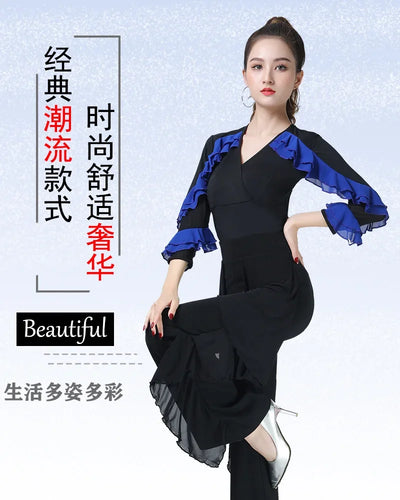 Women Dance Wear Latin V Neck Tops Line Dance Costume New Product Long Sleeve Ballroom Waltz Professional Competition Samba Tops