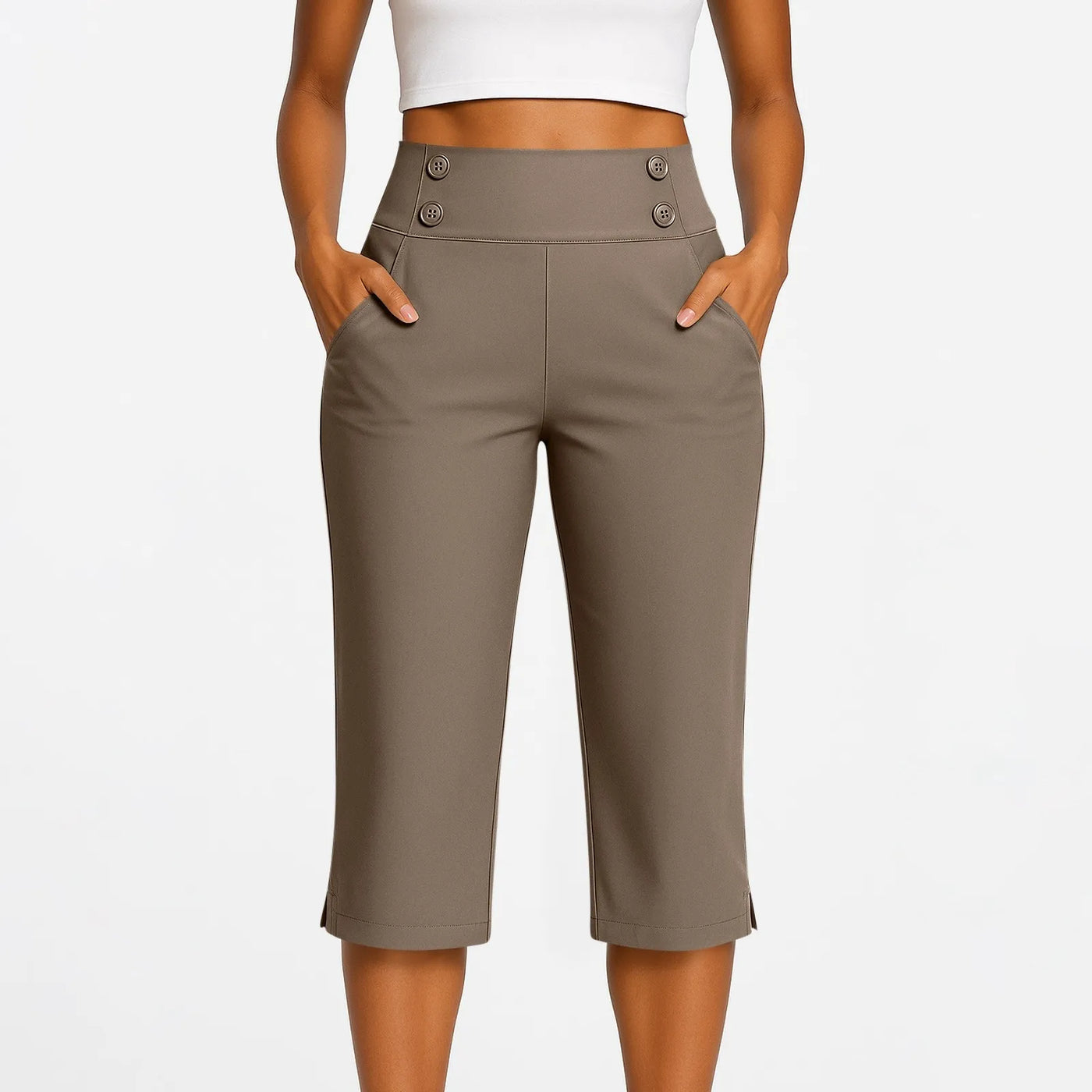 Women Elastic High Waist 3/4 Pant Casual Active Fit Wide Capris Leg Pants Trousers With Pockets Pants Woman брюки женские