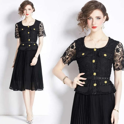 Luxury Evening Dress Women Summer Vacation Short Sleeve Pleated Lace Chiffon Long Dresses White Single Breasted Midi Party Robe