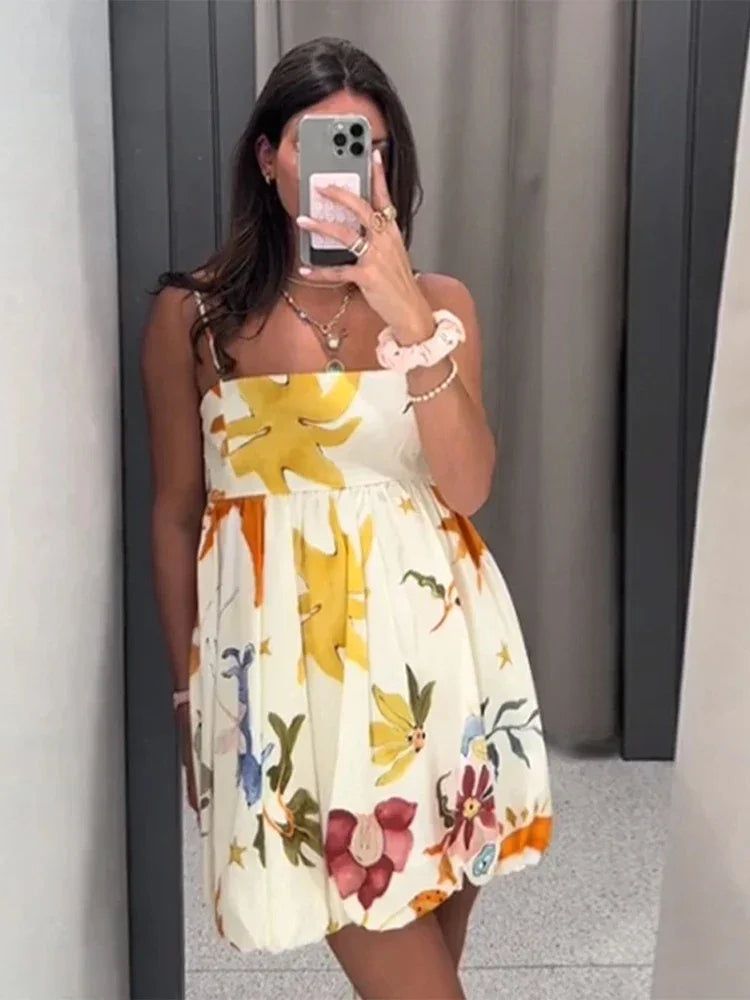 ZBZA Women's Suspender Print Dress Straight Neckline Spaghetti Straight Straps Zip Beach Mini Skirt Summer New Female Chic Dress