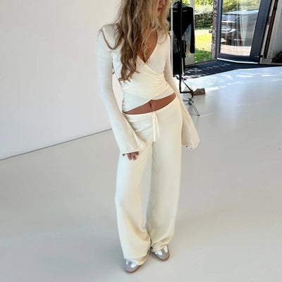 Women Fashion Lounge Set Vintage 2 Piece Outfit V Neck Waist Tie T-shirt + Elastic Waist Pants Autumn Long Sleeve Crop Tops