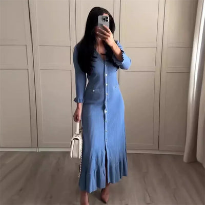 Ruffles Hem Knitted Dress For Women Elegant V Neck Long Sleeve Single Breasted Loose Vestidos Fashion Office Lady Knit Robe