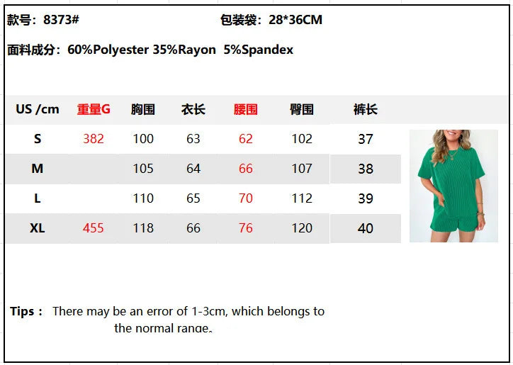 Women's clothing 2025 summer short-sleeved wavy crew neck top, elastic waist shorts two-piece set