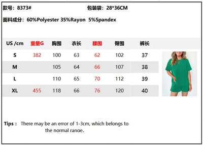 Women's clothing 2025 summer short-sleeved wavy crew neck top, elastic waist shorts two-piece set
