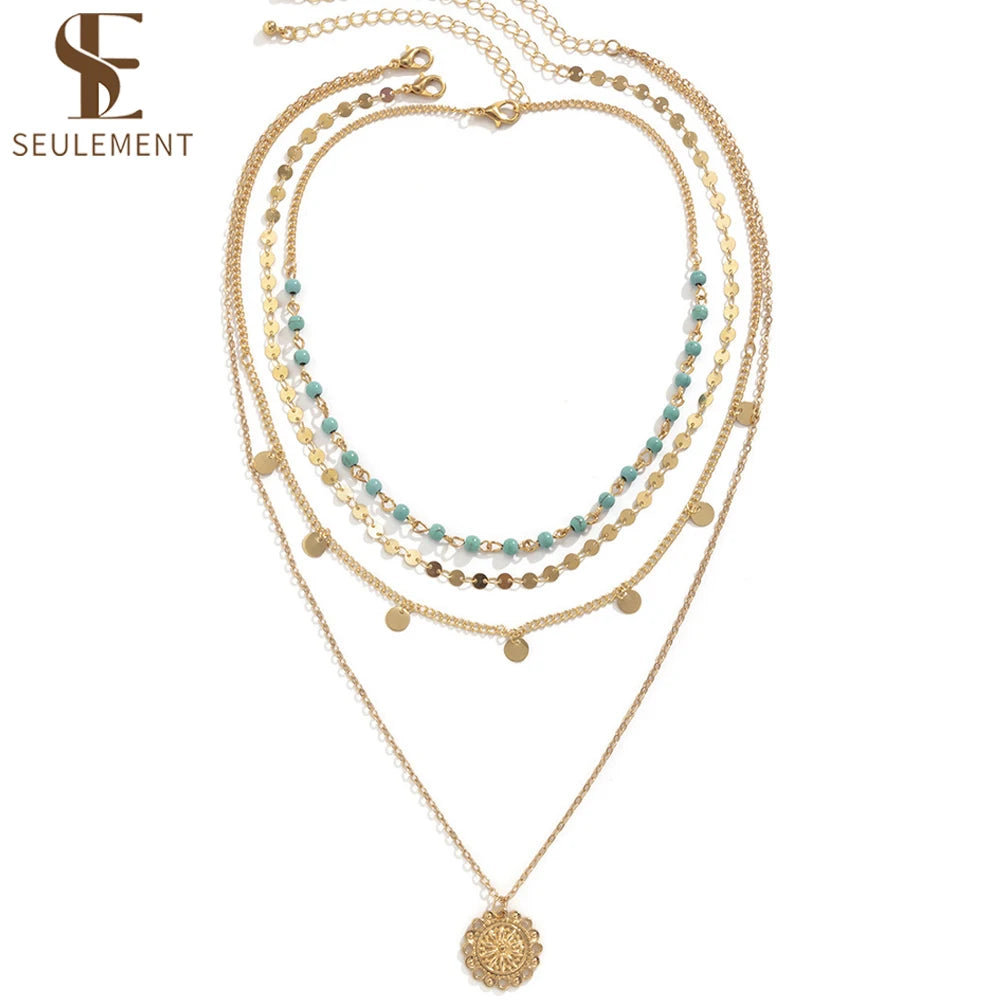 Seulement Gold Plated Layering Necklaces for Women Bohemian Style Turquoise Curb Link Tassels Chain Circle Pendants for Women