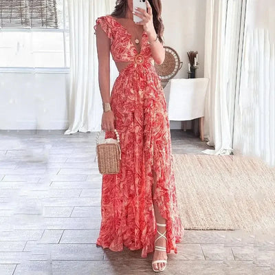 2025 Dress For Women Spring New Printed Deep V Sexy Exposed Waist Hollow Pleated Slit Long Dress Elegant Birthday Party Vestidos - Elanique