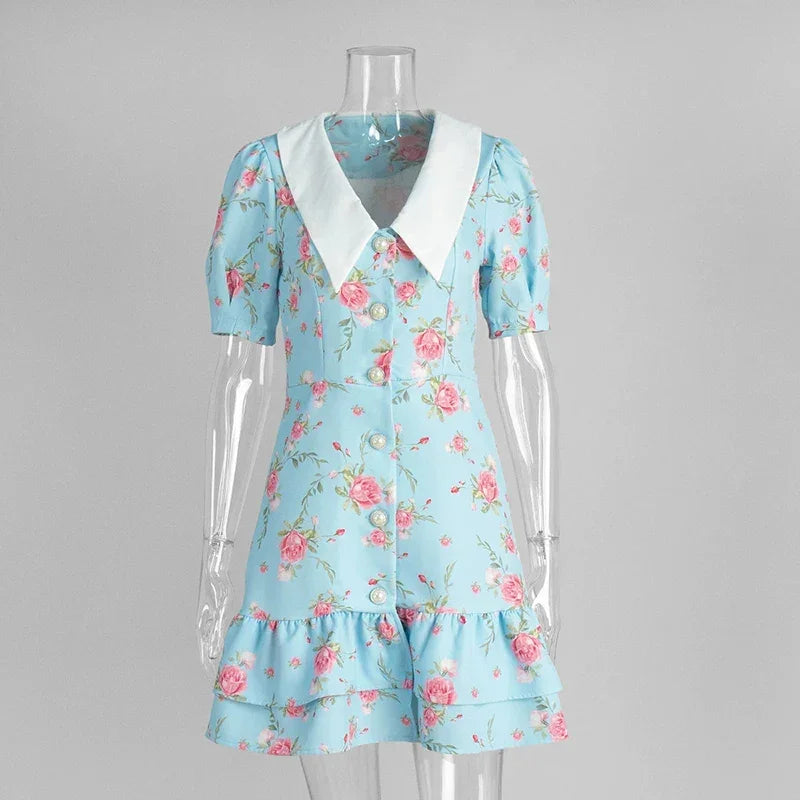 Floral Ruffles Women Dress French V Neck Puff Sleeve Summer Slim Sweet Mini Dress Fresh Chic High Waist A Line Elegant New Dress