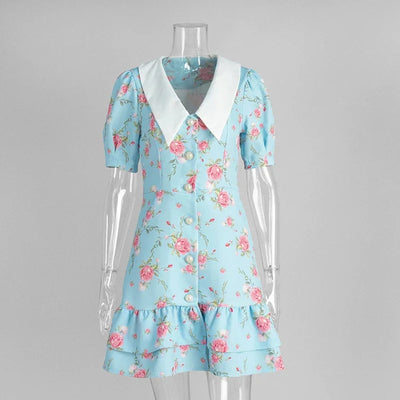 Floral Ruffles Women Dress French V Neck Puff Sleeve Summer Slim Sweet Mini Dress Fresh Chic High Waist A Line Elegant New Dress