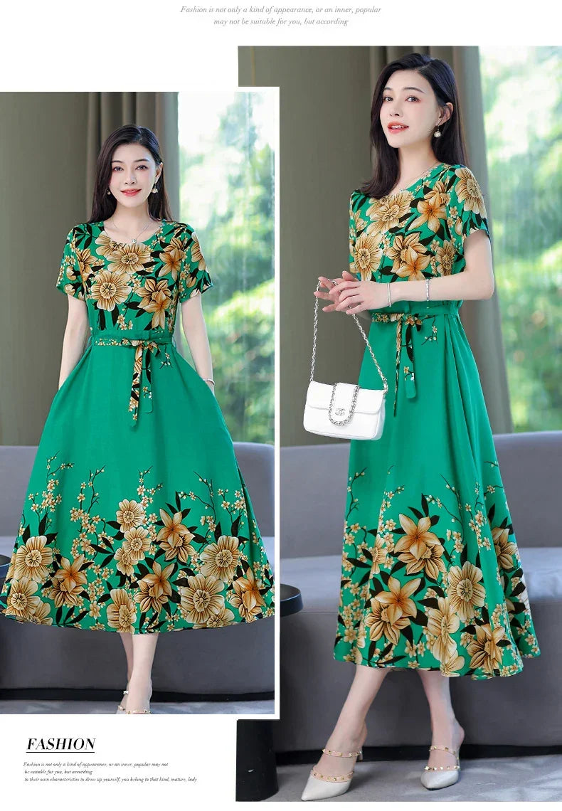 New Fashion 2024 Print Summer Dresses For Women Short Sleeve O-Neck Elegant Summer Dress Woman Clothing