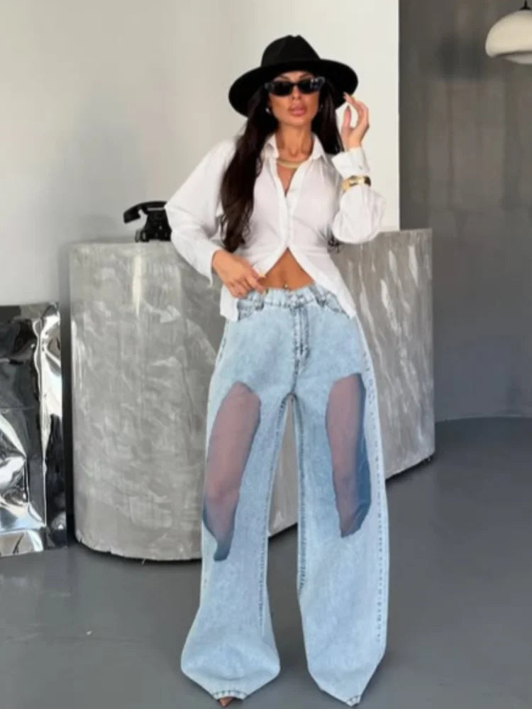 Women Fashion See Trough Jeans Y2k Pockets Pants Vintage Mesh Hollow Sheer High Waist Trousers Girls Straight Wide Leg Bottoms