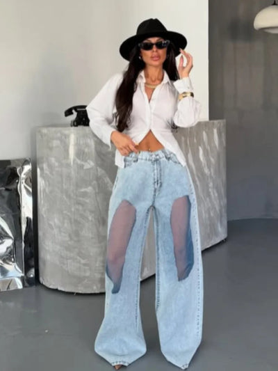 Women Fashion See Trough Jeans Y2k Pockets Pants Vintage Mesh Hollow Sheer High Waist Trousers Girls Straight Wide Leg Bottoms