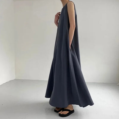 REALEFT Summer Women Maxi Dress 2024 New Solid Color Elegant Pockets Loose Waist Sleeveless Casual Summer Dresses Female